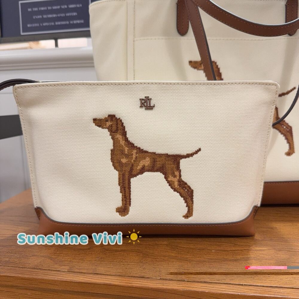 NWT Ralph Lauren Embroidered Dog Canvas Zip Pouch Brown Dog CREAM/TAN